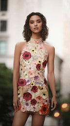 Floral Embroidered Lace Backless Bodycon Mini Dress