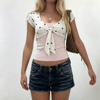 Sweetheart Polka Dot Contrast Color Casual Twisted Lace up