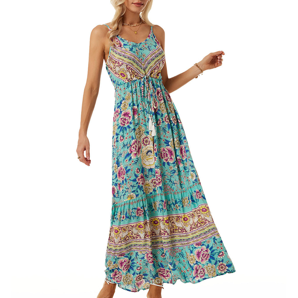Women's V-Neck Floral Tie Sleeveless Vacation Dress