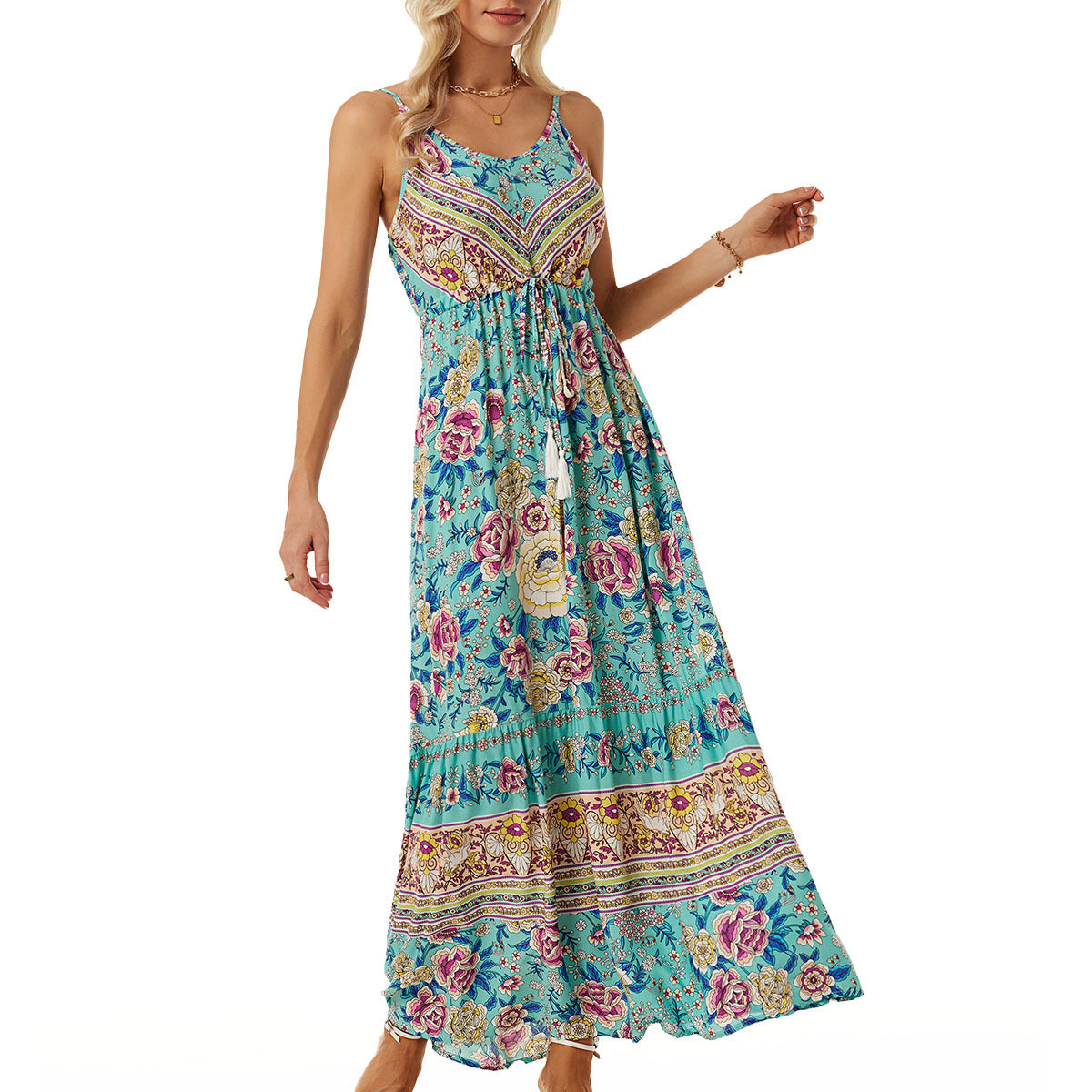 Women's V-Neck Floral Tie Sleeveless Vacation Dress