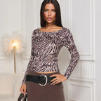 Women's Autumn Sexy Slim Zebra Pattern Long Sleeved Top