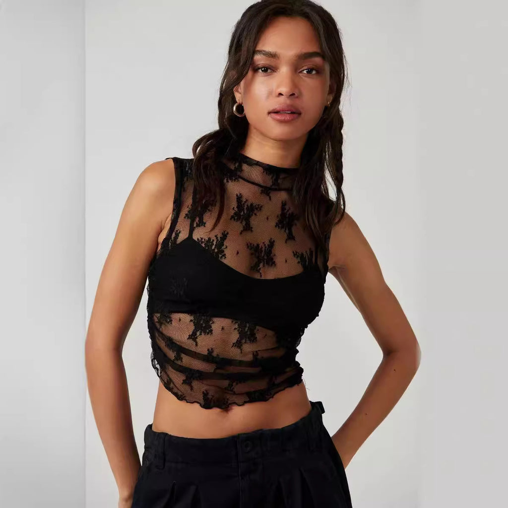 's Design Lace Inner Top Fashionable See Through Mesh Vest