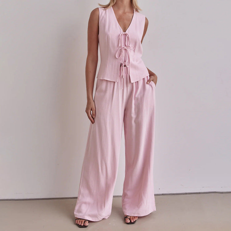 Sleeveless Vest Lace up Top Loose Trousers