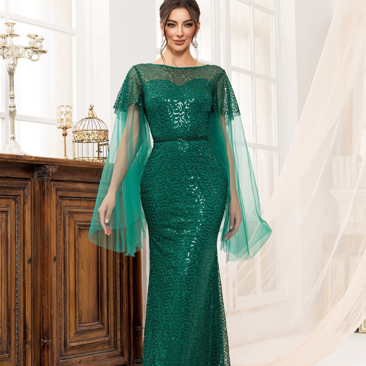 Women's Sequin Long-Sleeve Evening Maxi Dress
