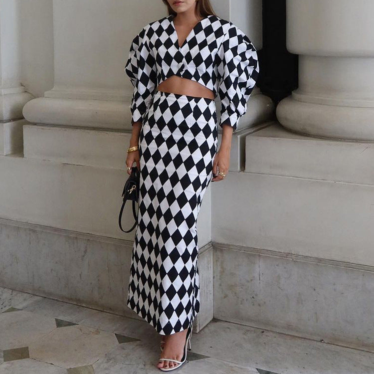 Elegant Women Clothing Black White Lattice Pattern Printed