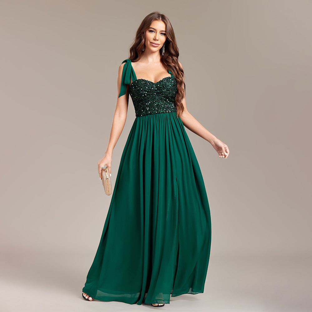 Women's Sequin Chiffon Backless High Slit A-Line Maxi Dress
