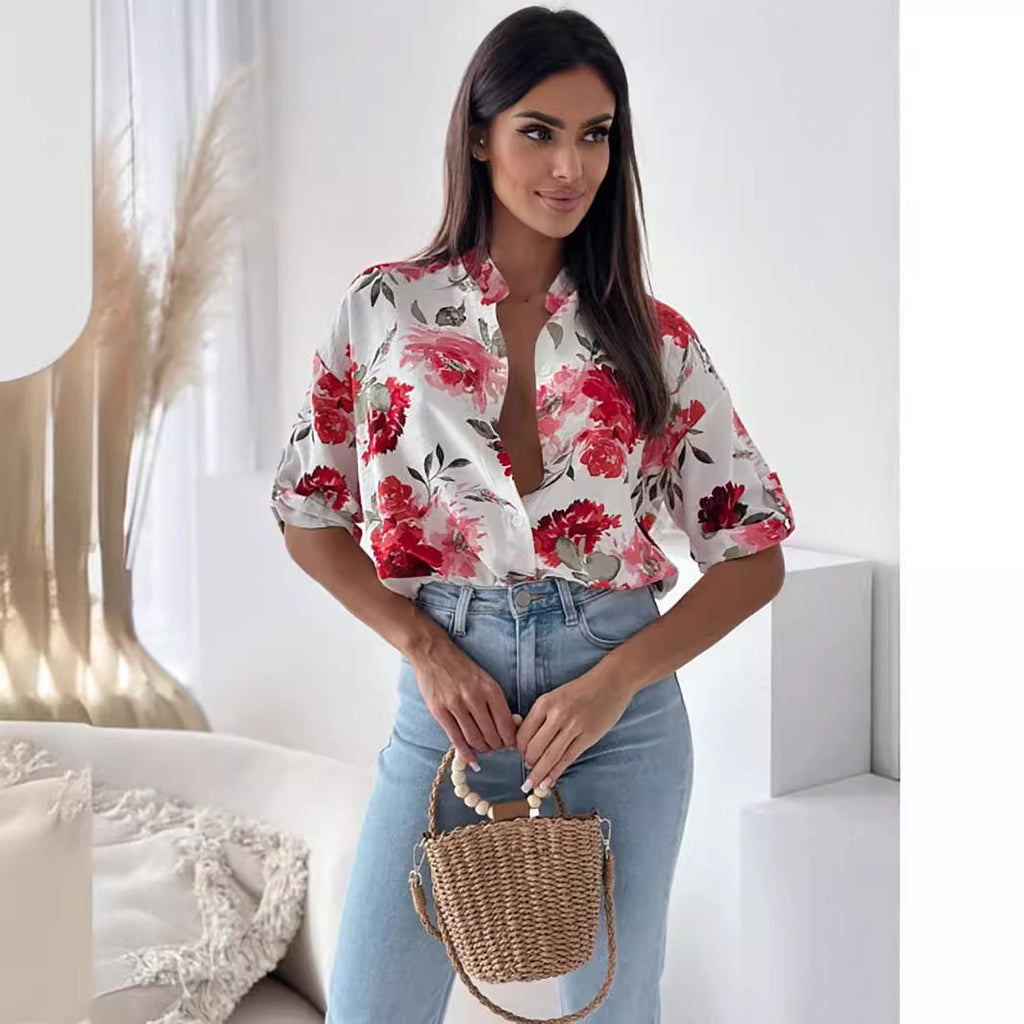 Women's Clothing Printed Single-Breasted Half Sleeve Shirt Top