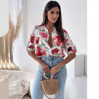 Women's Clothing Printed Single-Breasted Half Sleeve Shirt Top