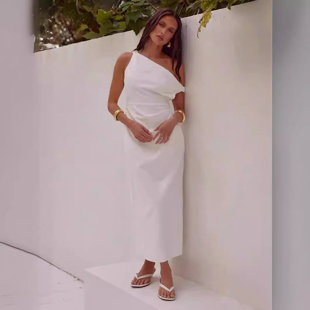 Women's Solid Color Sloping Shoulder off the Shoulder Mid Top