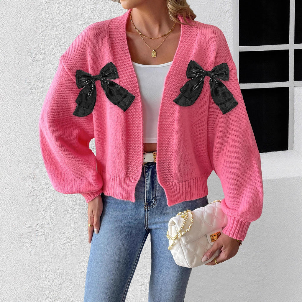Autumn Winter Cardigan Women Clothing Ribbon Bow Stitching Personality Sweater Coat