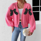 Autumn Winter Cardigan Women Clothing Ribbon Bow Stitching Personality Sweater Coat