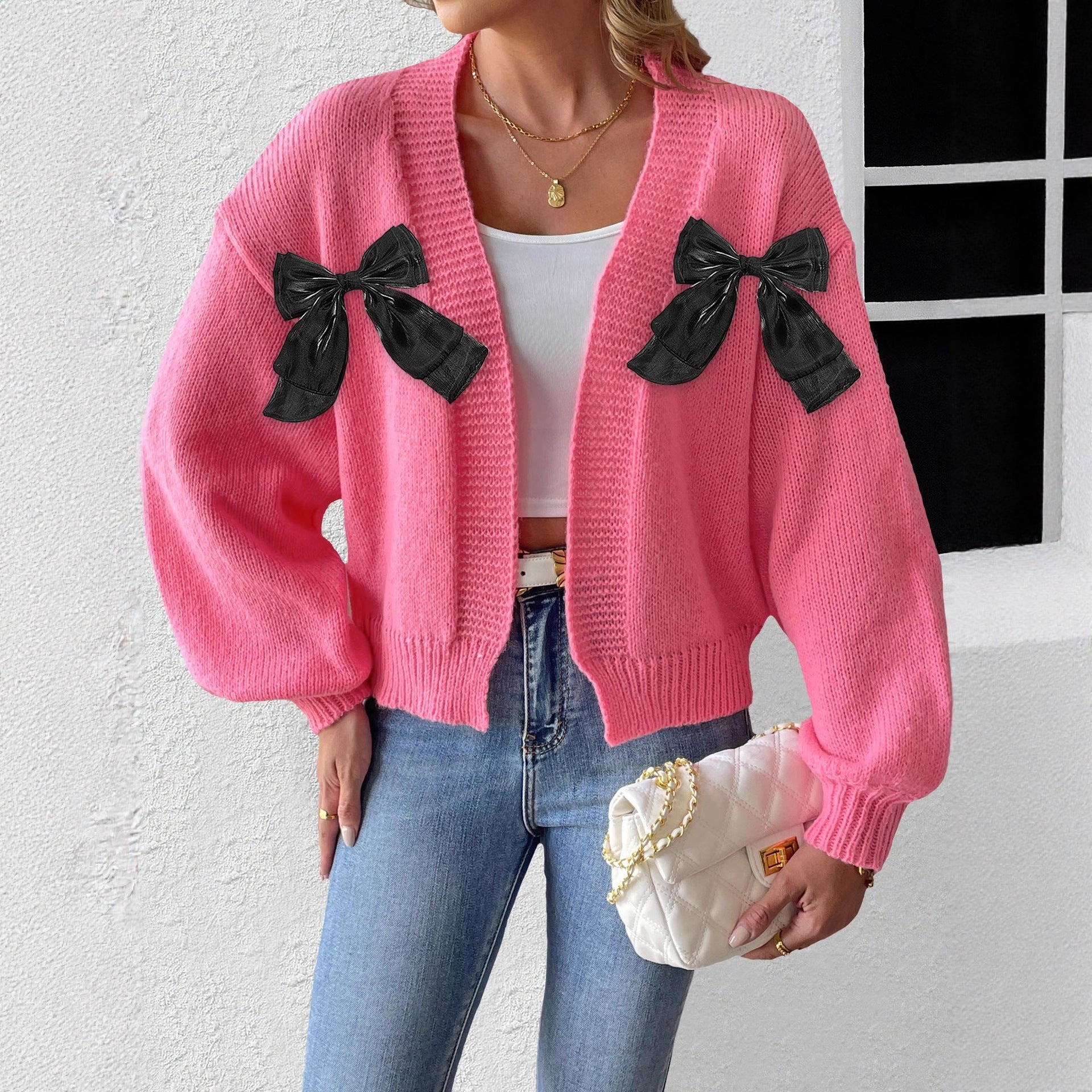 Autumn Winter Cardigan Women Clothing Ribbon Bow Stitching Personality Sweater Coat