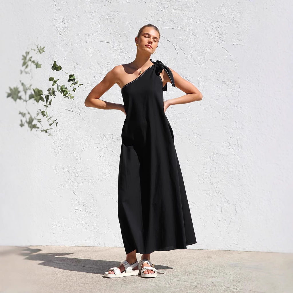 Women's Summer Sloping Shoulder Dress Internet Celebrity Same Lace Up Elegant Shoulder Dress