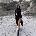 High-Neck Long-Sleeve Ruched Split Maxi Dress
