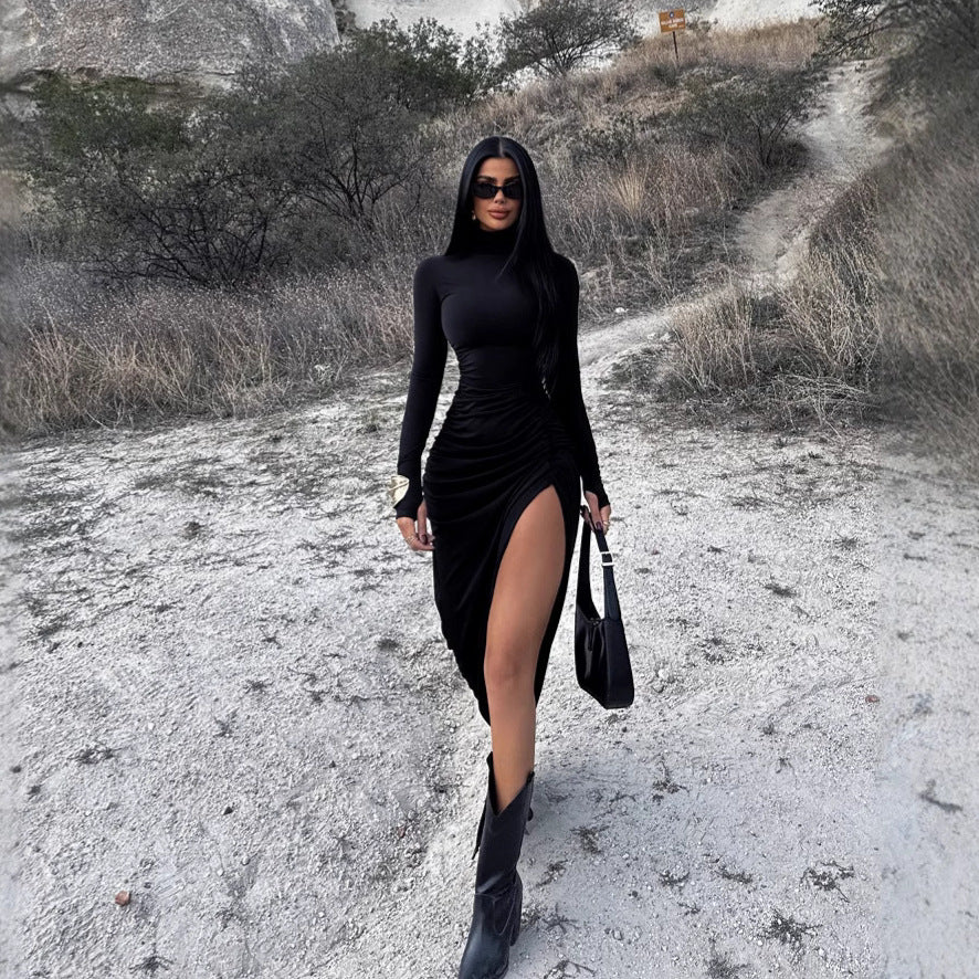 High-Neck Long-Sleeve Ruched Split Maxi Dress