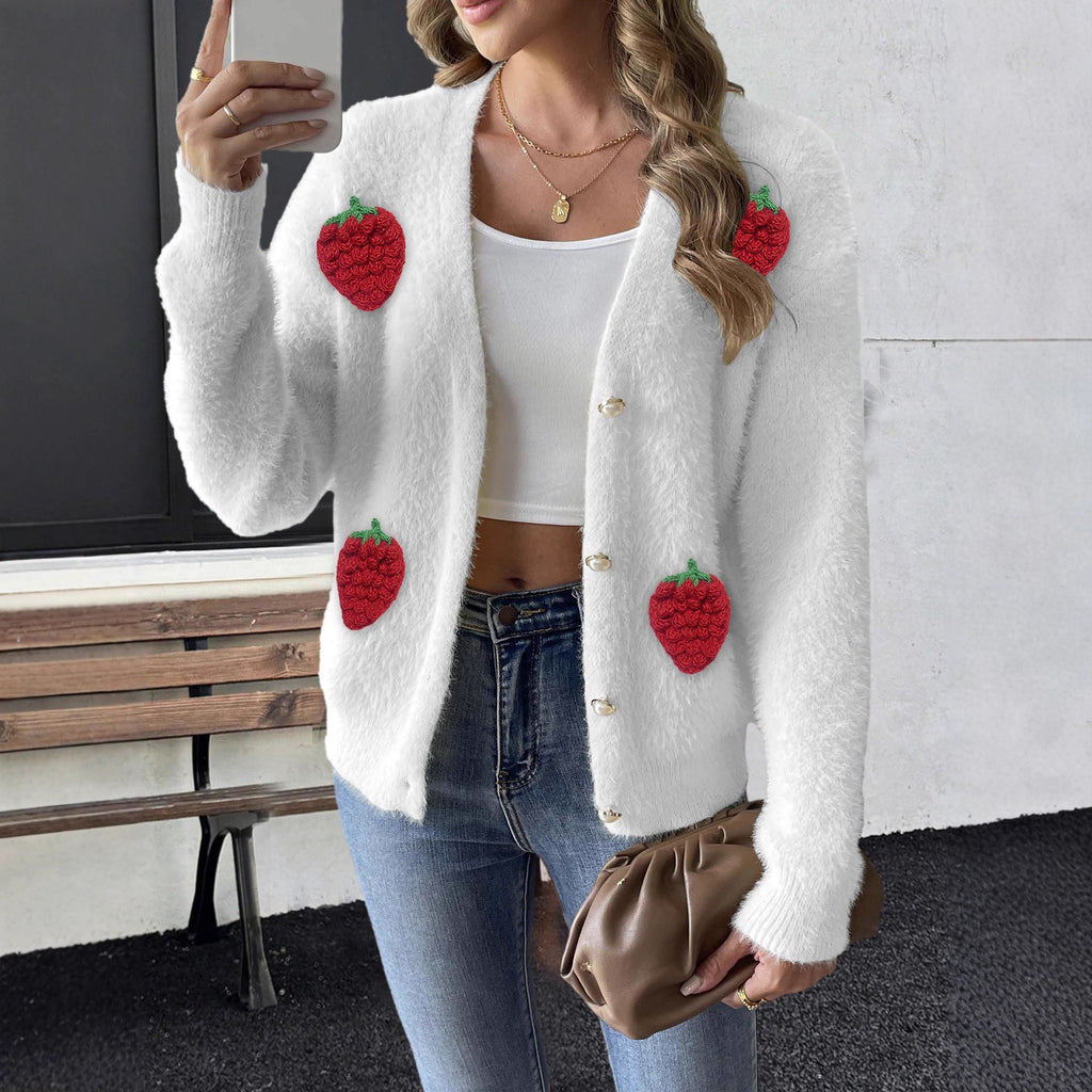 Women Clothing Pearl Buckle Four Button Three Dimensional Embroidered Strawberry Stitching Sweater Cardigan