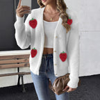 Women Clothing Pearl Buckle Four Button Three Dimensional Embroidered Strawberry Stitching Sweater Cardigan