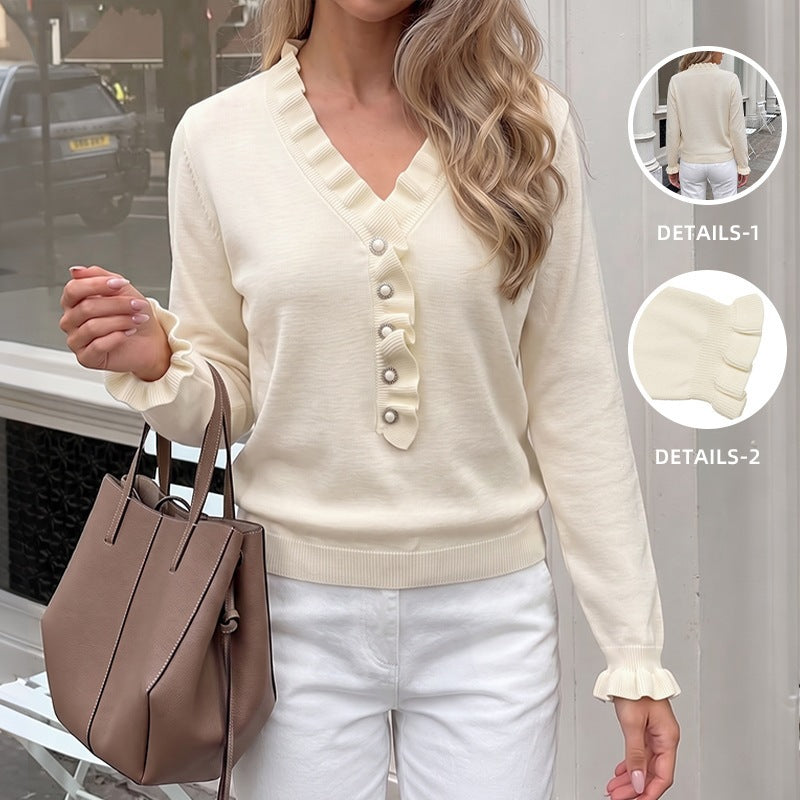 Women's V-Neck Pearl-Button Sweater