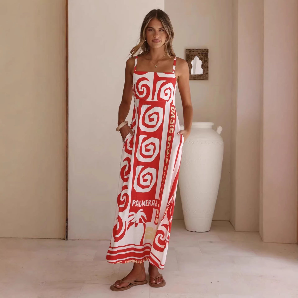 Women's Geometric Print Smocked Cami Maxi Dress
