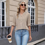 Women's Half Open Collar Single Breasted Pleated Cropped Sleeve Top