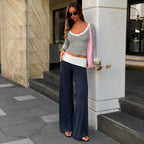 Casual Two Piece Set Striped Lace Stitching Contrast Color Turn Waist Home