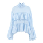 Women's Blue Ruffle High Neck Blouse