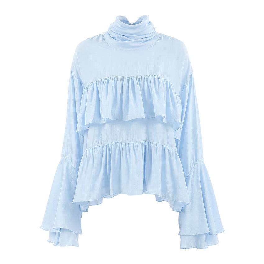 Women's Blue Ruffle High Neck Blouse