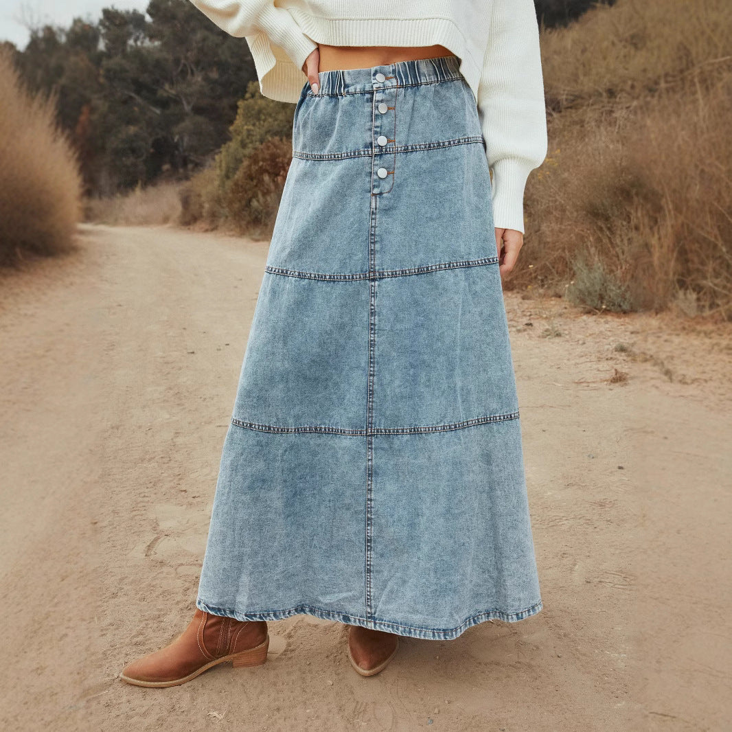 Bohemian A Line Layered Stitching Denim Skirt