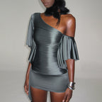 Gray one-shoulder sheath dress with ruffled drape sleeves and ruched bodice