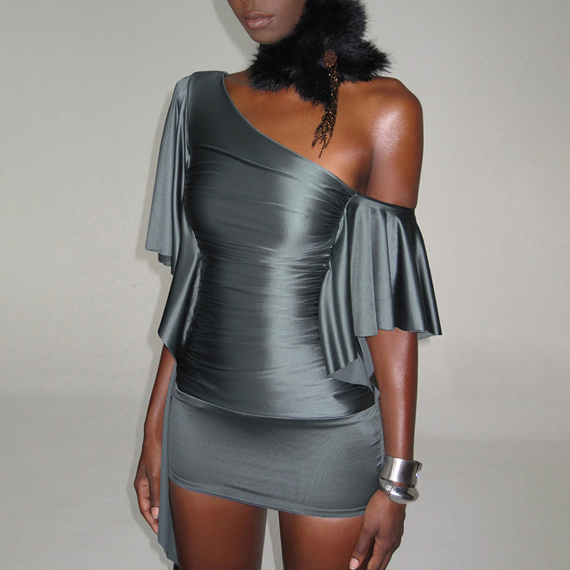 Gray one-shoulder sheath dress with ruffled drape sleeves and ruched bodice
