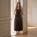 Brown velvet pleated sleeveless dress with tiered skirt