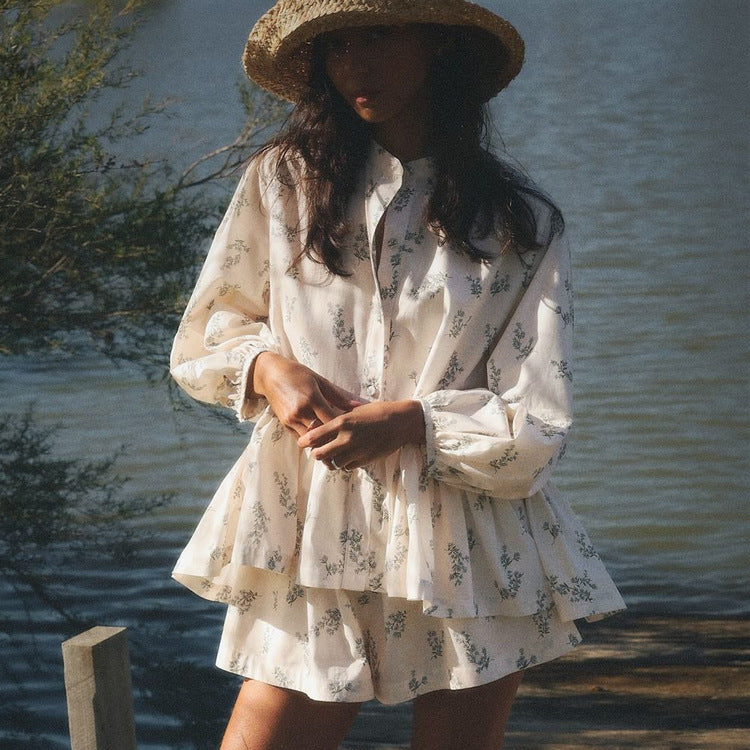Puff-Sleeve Shirt & Printed Shorts Set