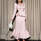 Women's Design Ruffled Floral V Neck Tight Waist French Dress Women Long Sleeve Waist Seal Sheath Dress