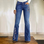 Retro Floral Embroidered Skinny Jeans Women HW Slimming