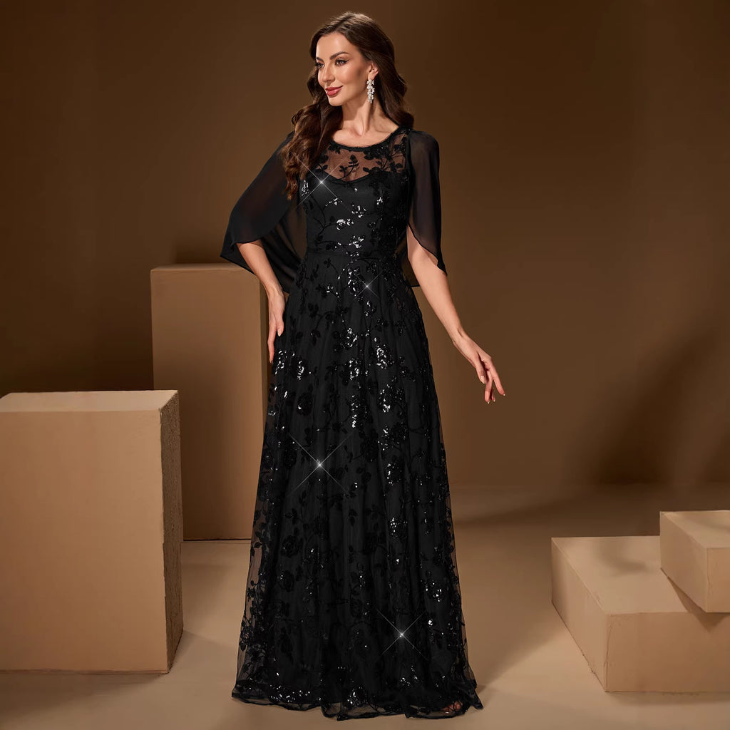 Women's Black Sequin Mesh Swing Evening Dress