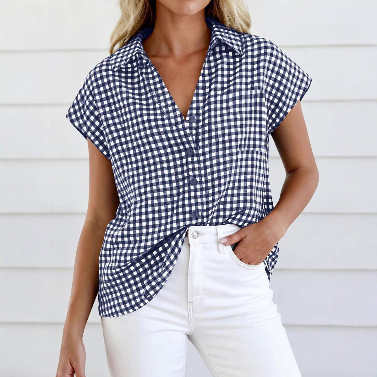Women's Button Short Sleeve Loose Plaid Shirt