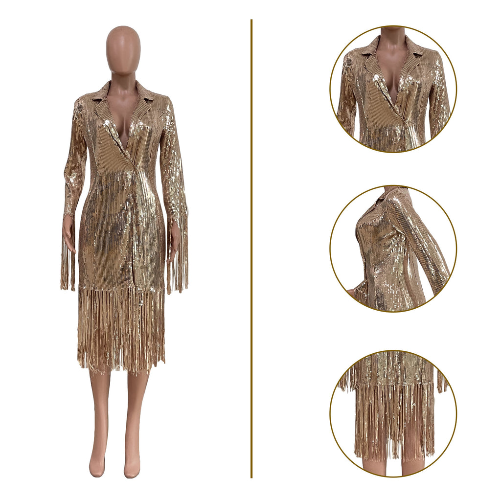 Casual Solid Color Tassel Sequ Long Dress