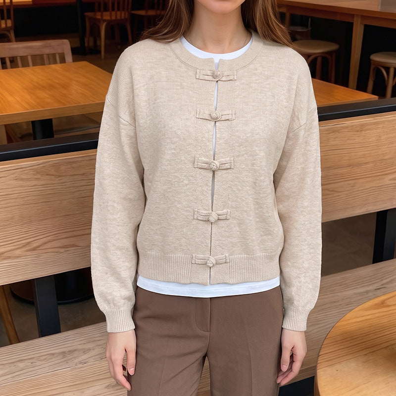 Knitted Coat Autumn Winter Retro Chinese Pipa Buckle