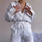 Women's Clothing Suit Pure Cotton Summer Collared Long-Sleeve Shirt High-Waisted Pocket Shorts Two-Piece Set