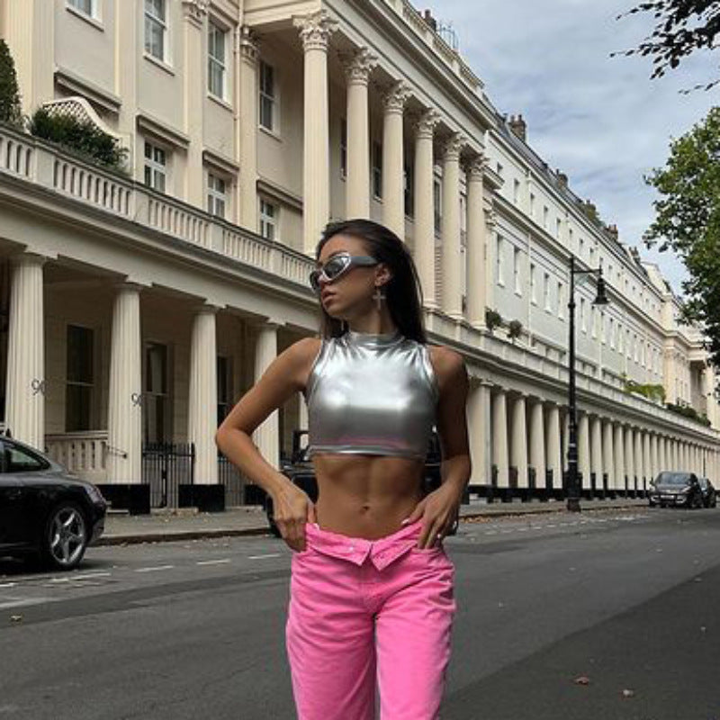 Metallic Coated Fabric Summer Shiny Leather Small Turtleneck Slim Fit Costumes Women Sleeveless Vest