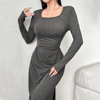 Women's Elegant Pure Dress Square Collar Pleated Waist Tight