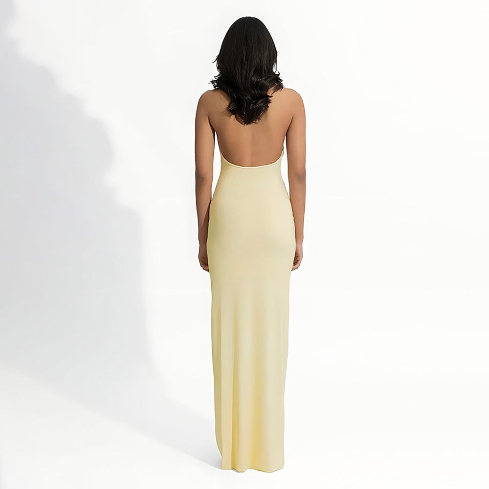 Women's Summer Elegant Halter Deep V Plunge Dress Sexy Backless Sheath Dress