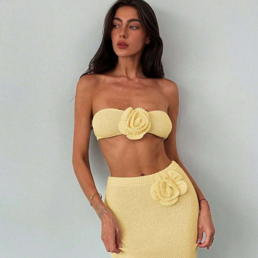Women's Tube Knitted Hollow Out Top and Skirt Two-Piece Set