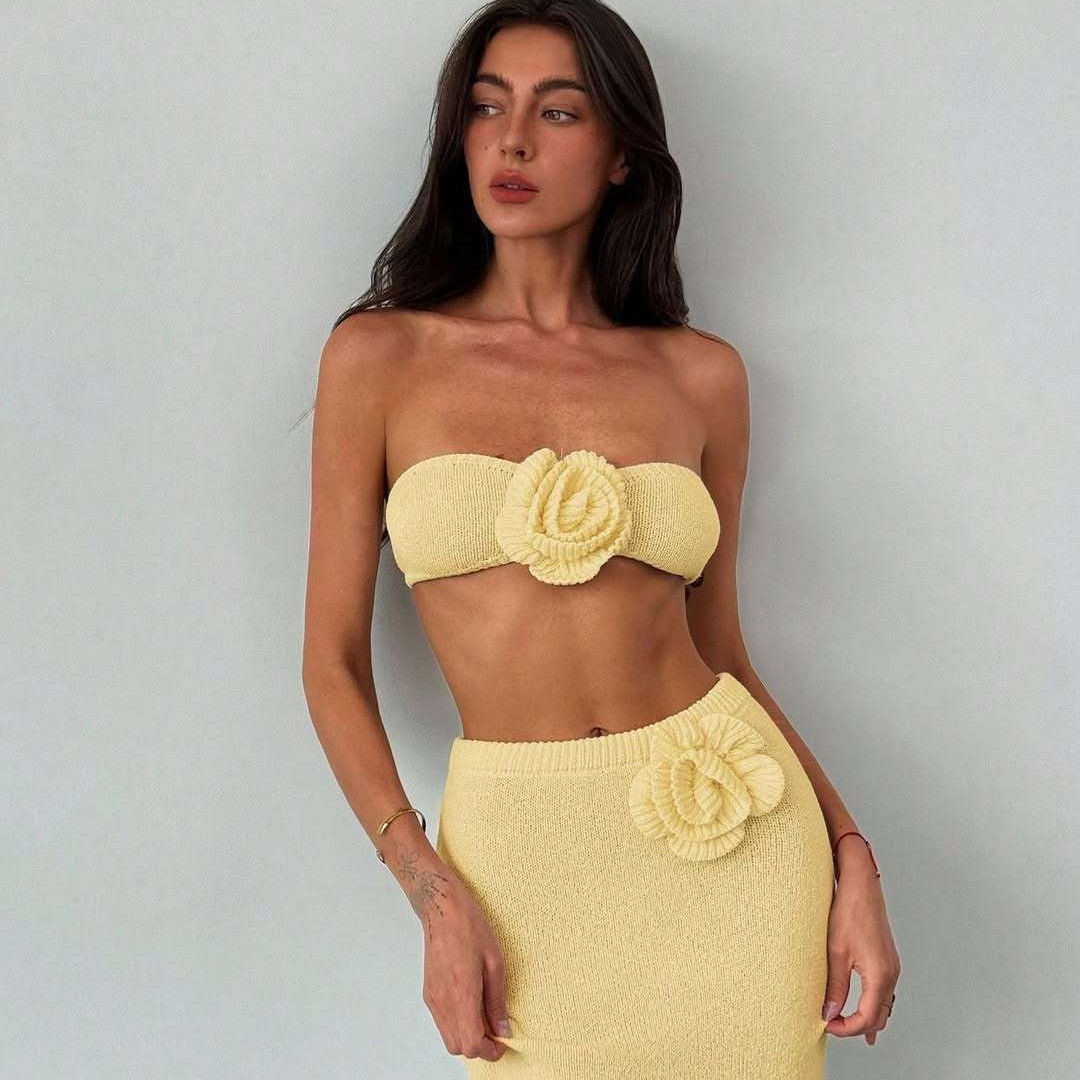 Women's Tube Knitted Hollow Out Top and Skirt Two-Piece Set