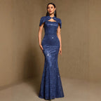 Navy blue maxi dress, short sleeves, high neckline with collar cutout