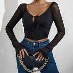 Fall Sexy Hollow Out Cutout out Tied Pleated Stitching Rhombus Waist Elegant Long Sleeve Top