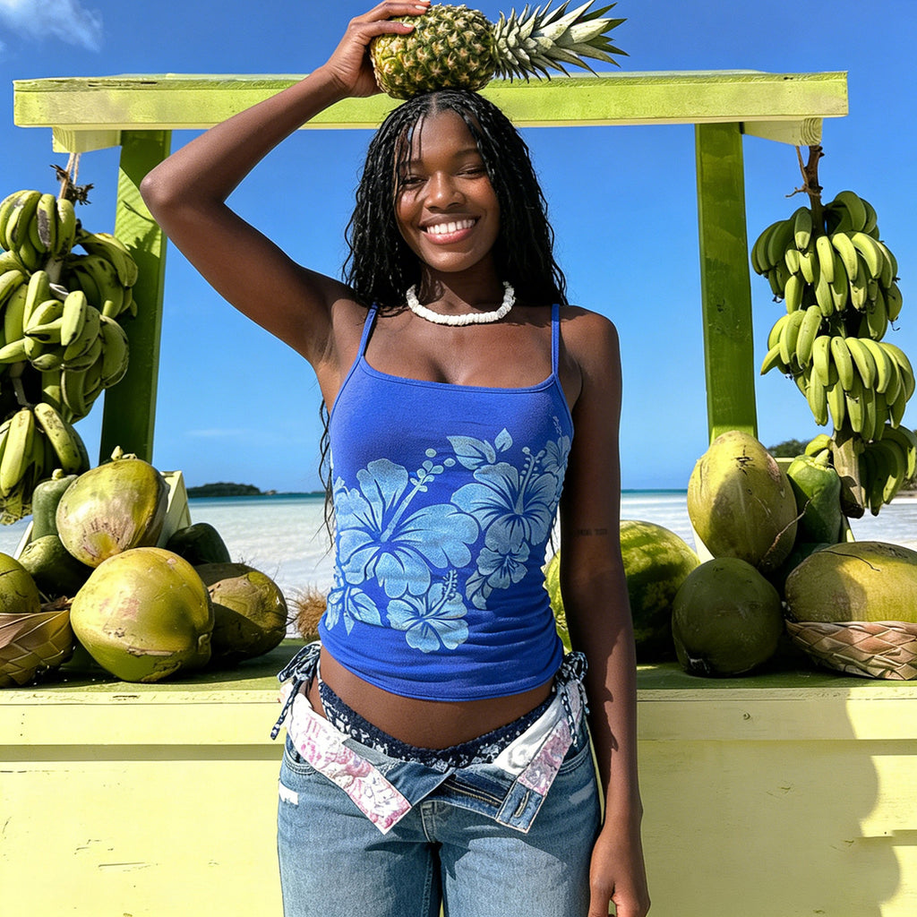 Women’s Blue Floral Contrast Backless Crop Camisole