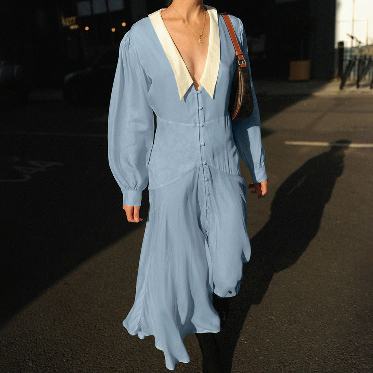 Collared Long Sleeve Dress Tight Waist Cardigan