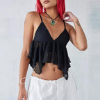 Women’s White Asymmetric Backless Ruffle Crop Camisole