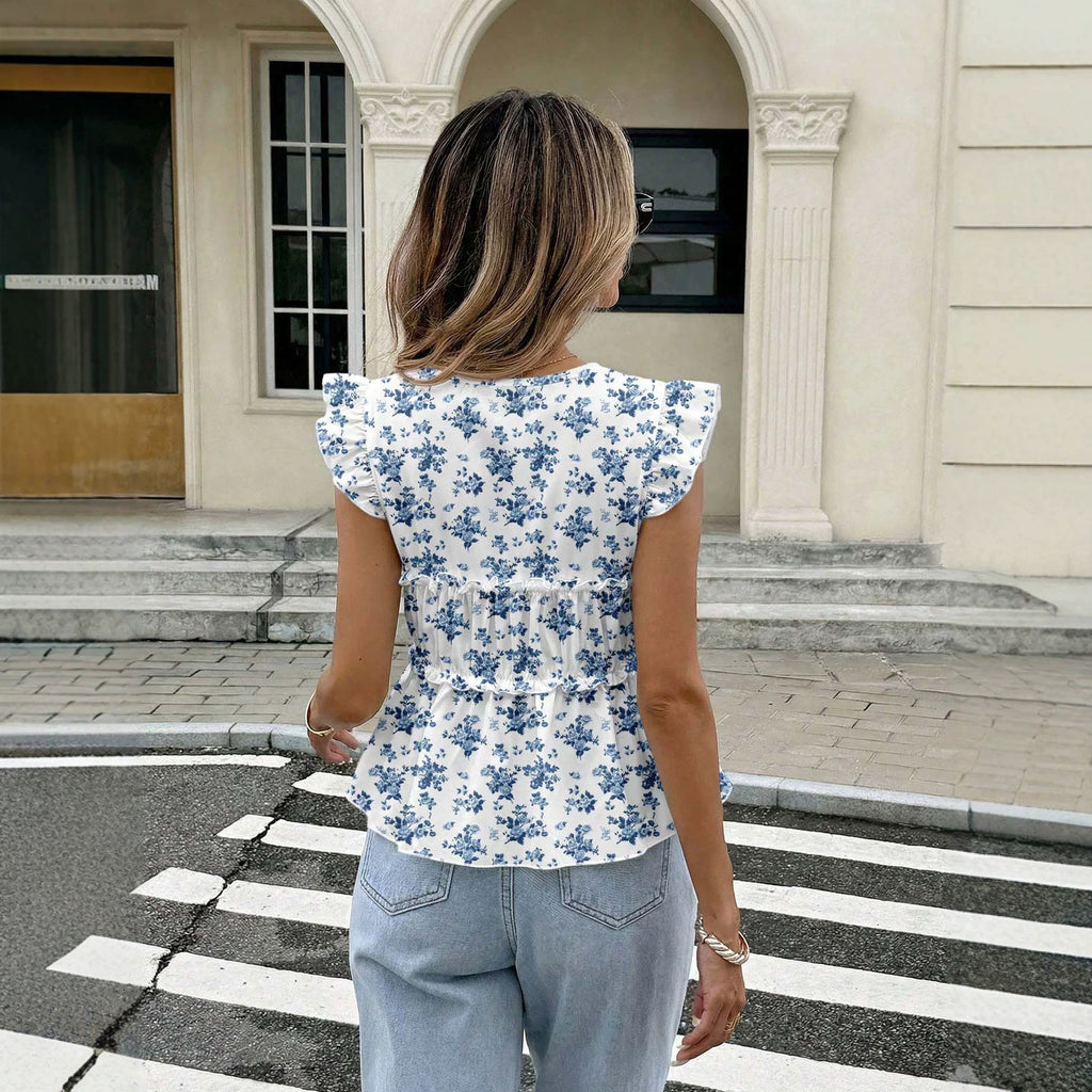 V neck Flounced Sleeve Floral SL Top Women Summer Ruffles